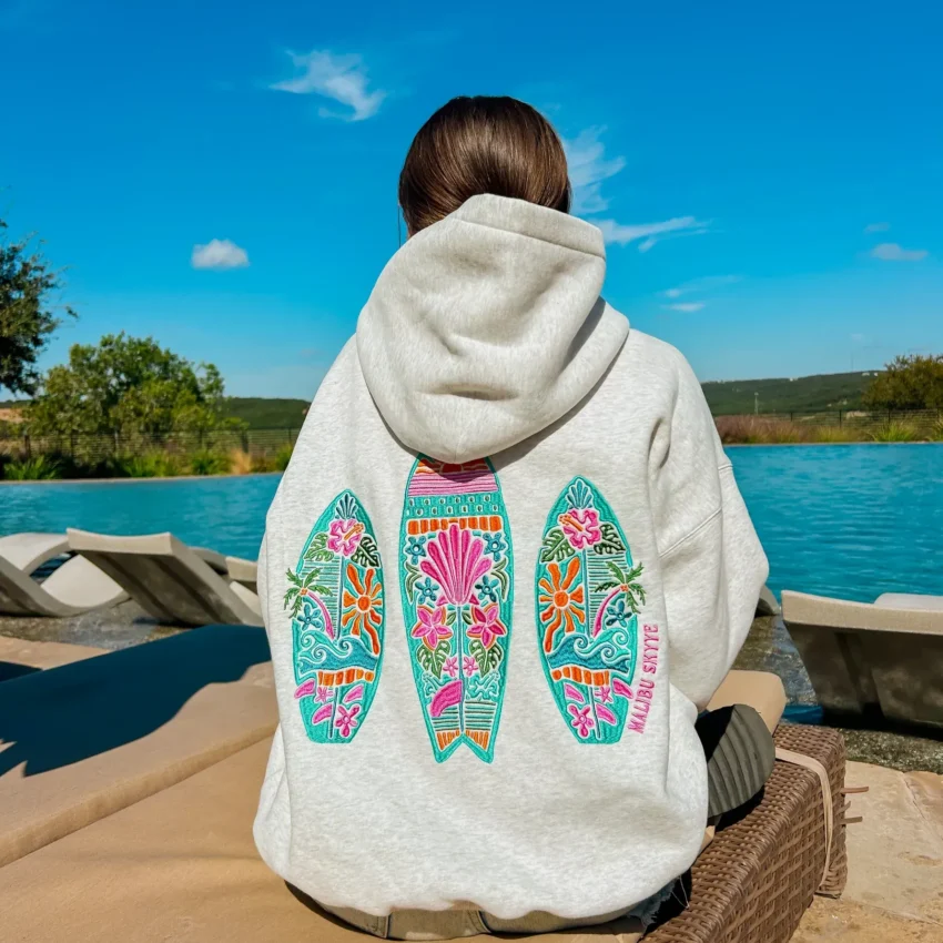 Women’s Sunset Surf Embroidered Grey Hoodie