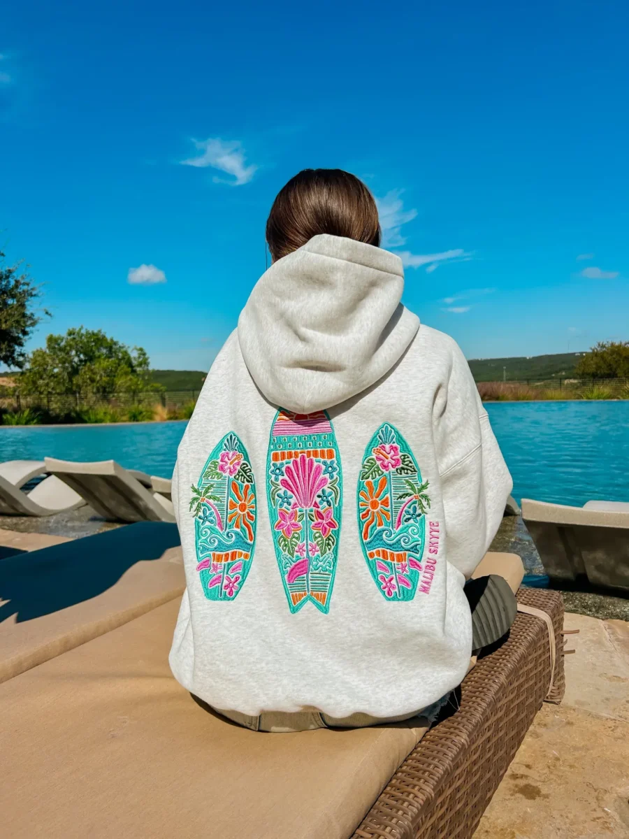Women’s Sunset Surf Embroidered Grey Hoodie