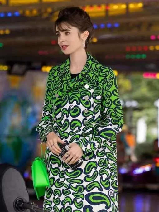 Emily in Paris S03 Lily Collins Green Paisley Print Coat