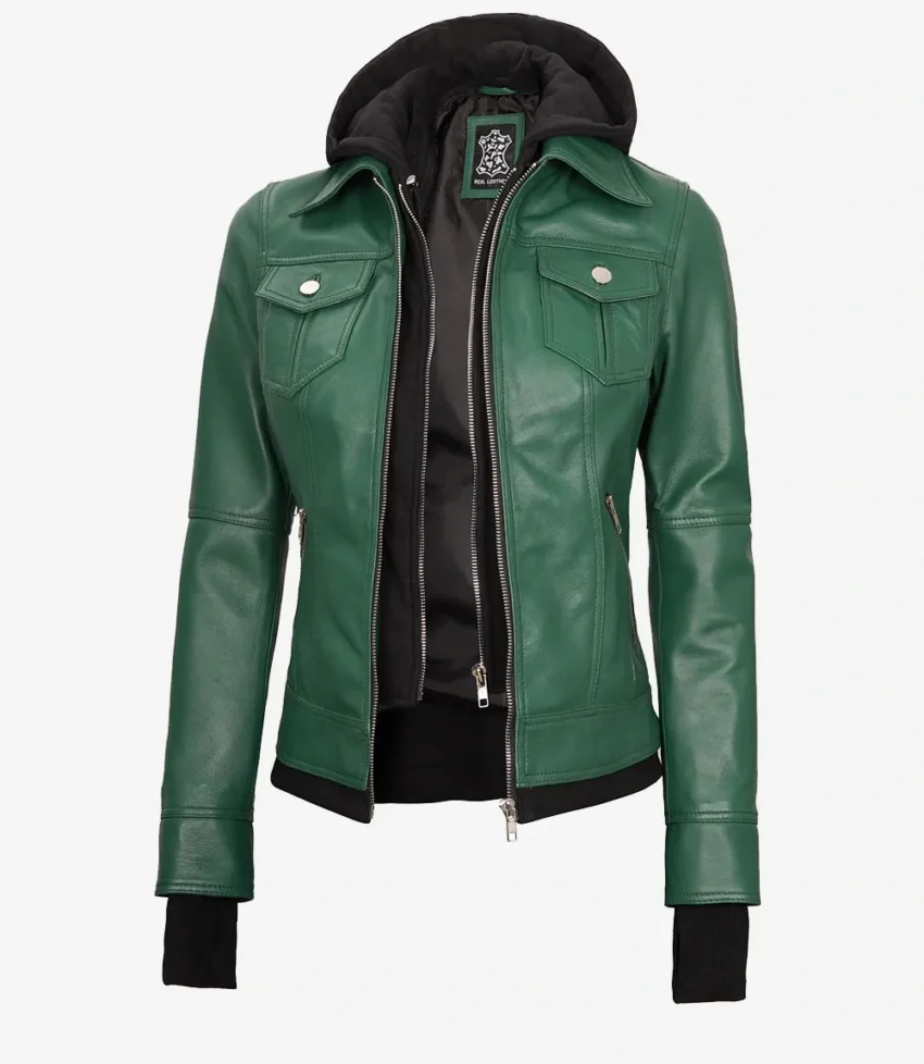 Tralee Women's Green Real Leather Jacket with Hood - Image 6