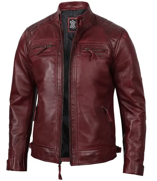 Men’s Burgundy Waxed Quilted Leather Biker Fashion Jacket