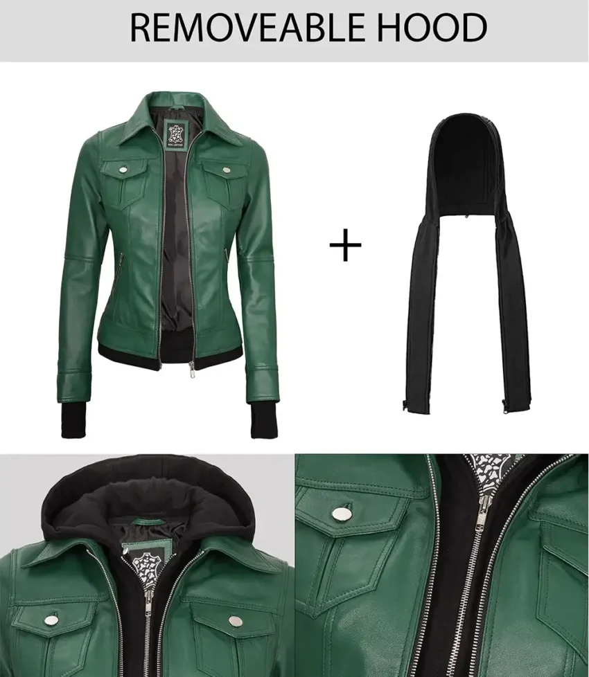 Tralee Women's Green Real Leather Jacket with Hood - Image 3