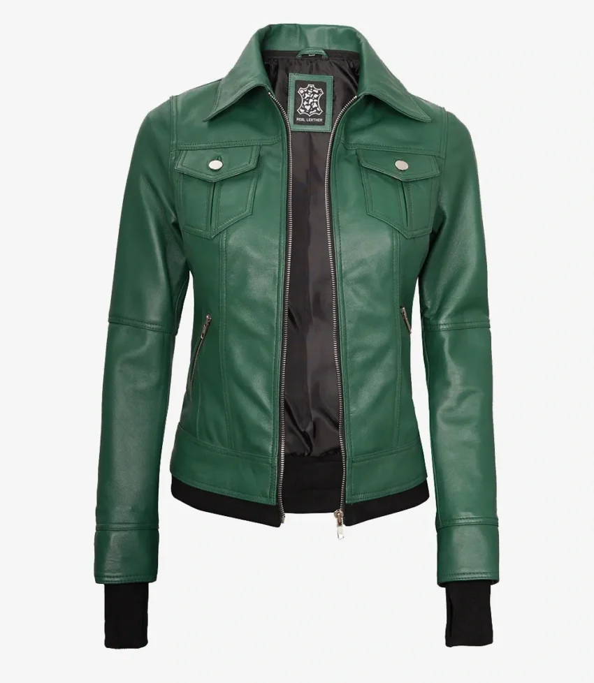Tralee Women's Green Real Leather Jacket with Hood - Image 4