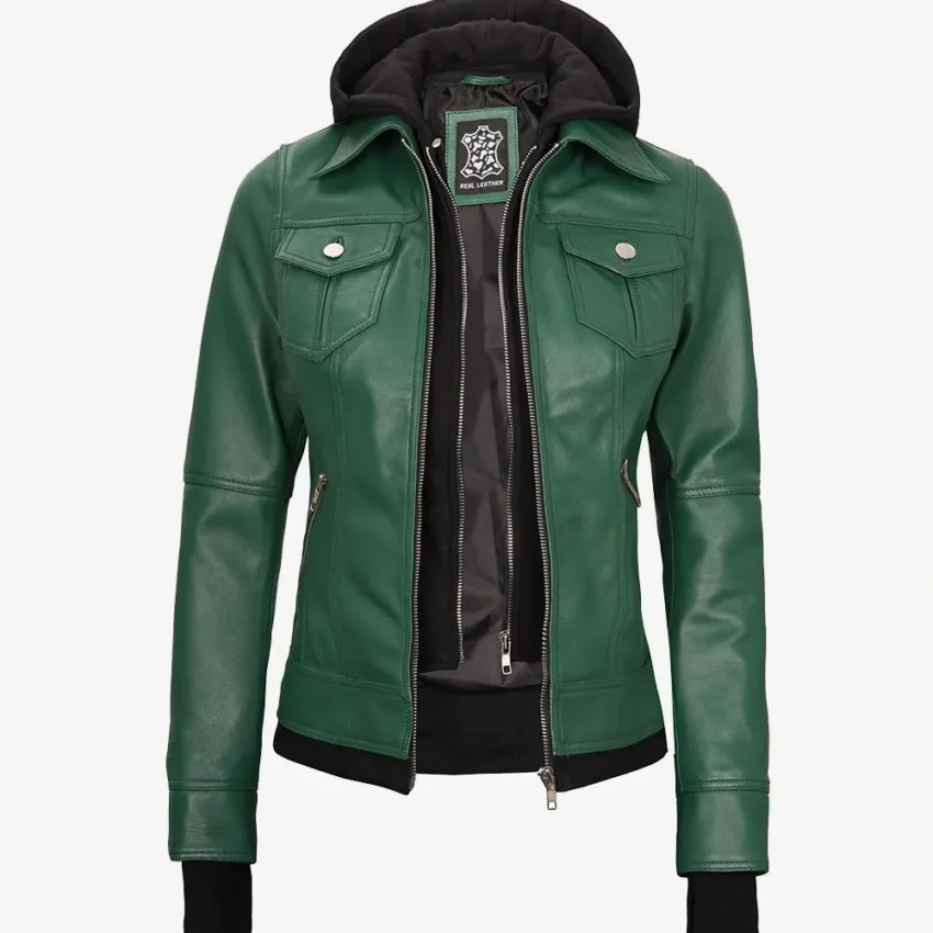 Tralee Women's Green Real Leather Jacket with Hood