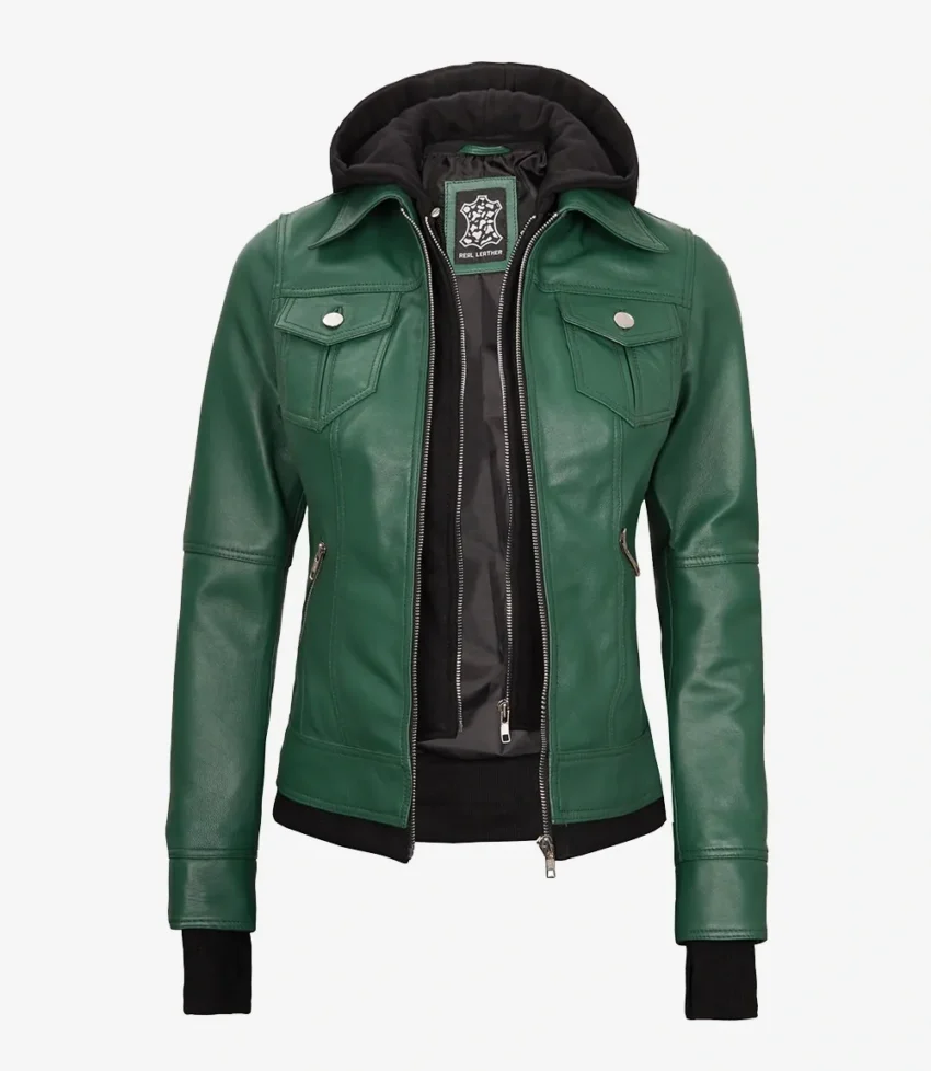 Tralee Women's Green Real Leather Jacket with Hood