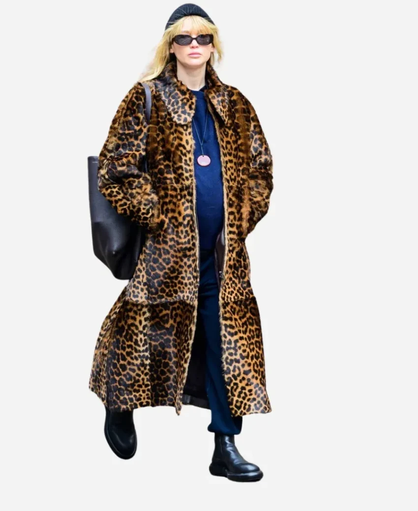 NYC 2025 Jennifer Lawrence Leopard Print Fur Coat - Image 3