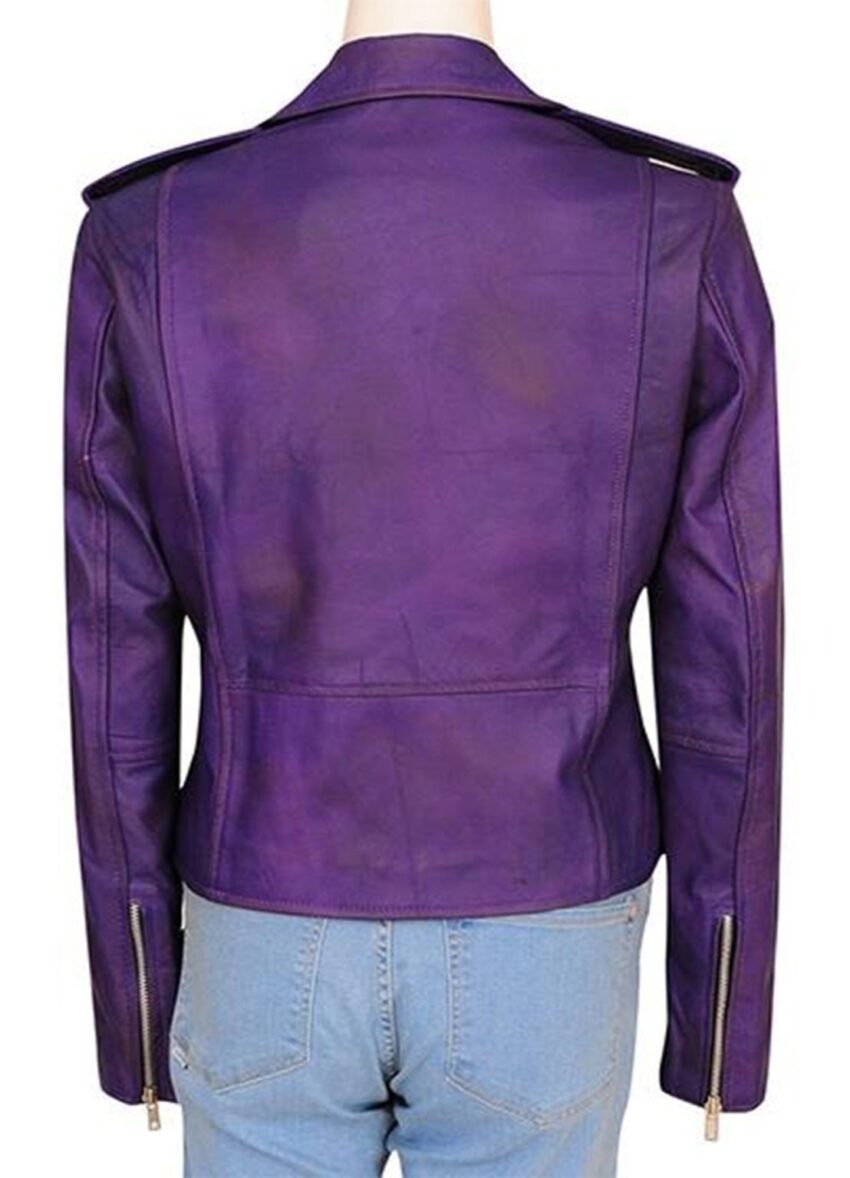 Anne Hathaway Ocean’s Eight Film Purple Leather Jacket - Image 5