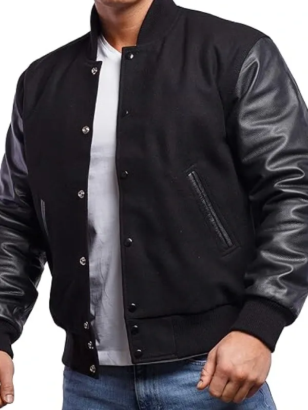 Mens Varsity Base Black Bomber Leather Jacket