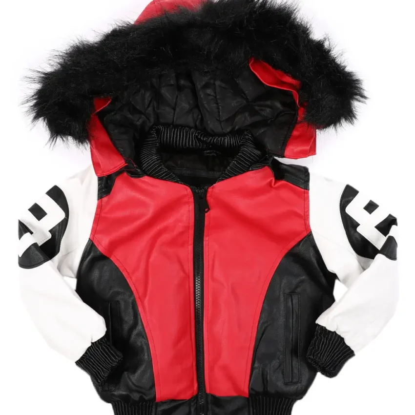 8 Ball Faux Fur Hood Trim Red & White Bomber Jacket